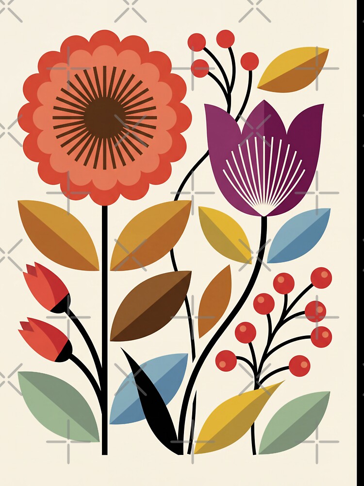 Mid-Century Modern Floral Scandinavian Folk Art Poster by DenBox