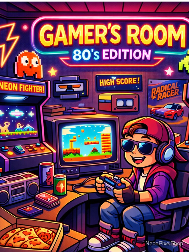Retro Gamer Room 80s Neon Arcade Vibes – Vintage Gaming Aesthetic Illustration by NeonPixelShop