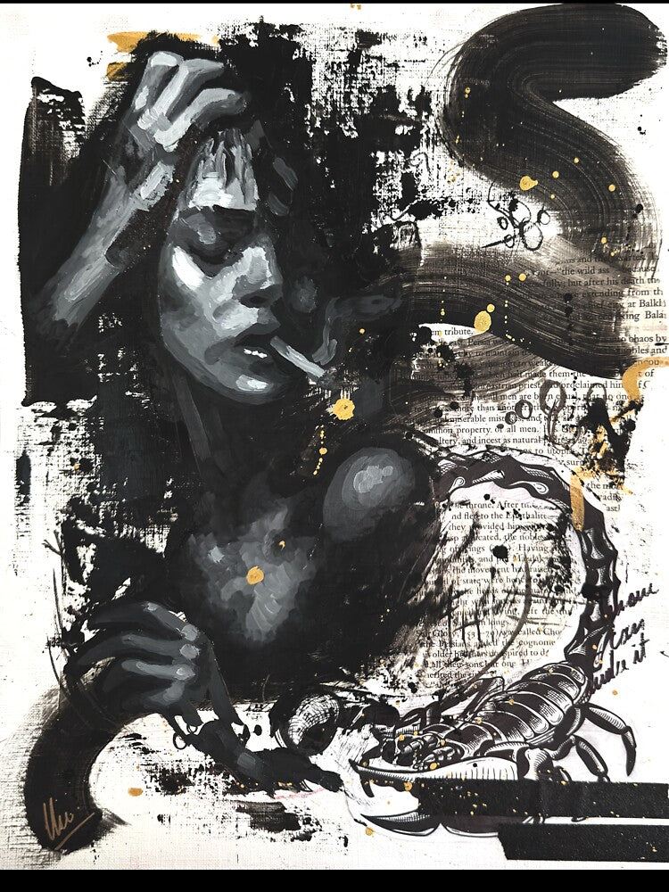 Pages of Me – Mixed Media Woman with Cigarette & Scorpion by CheHojas