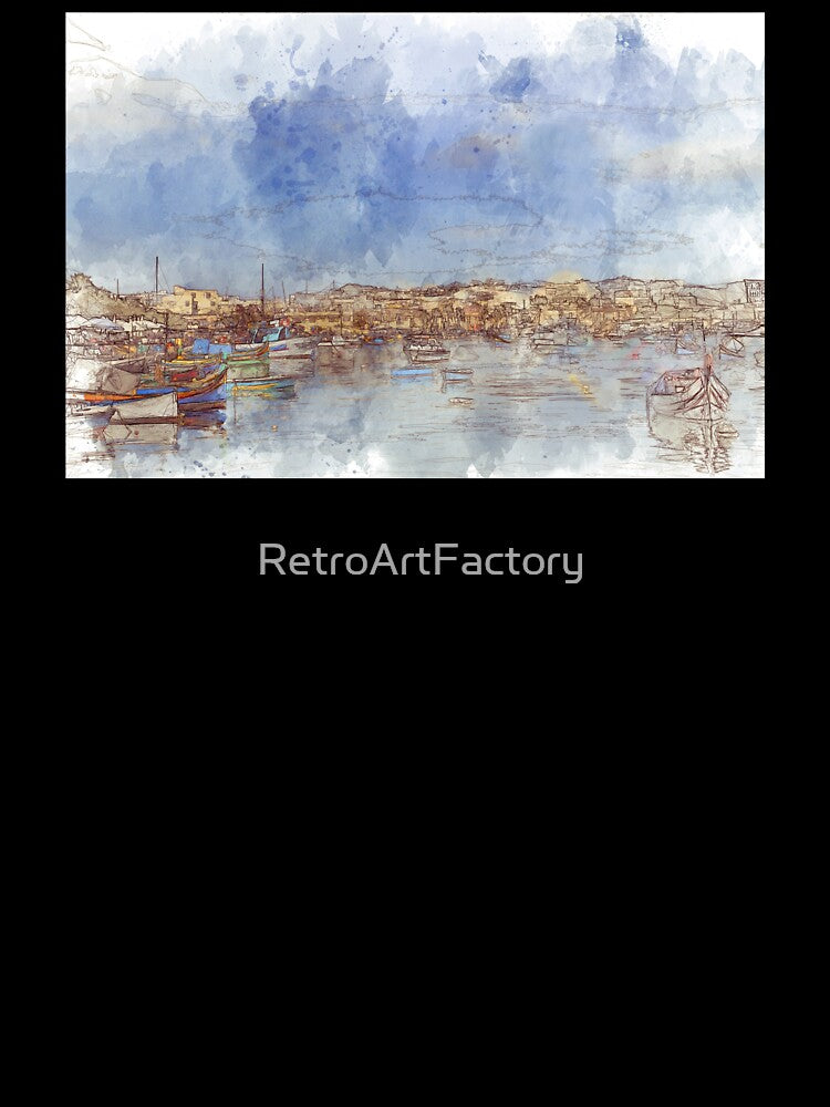 Picturesque Fishing Harbor of Marsaxlokk - Malta - Line and Wash Drawing by Retro Art Factory
