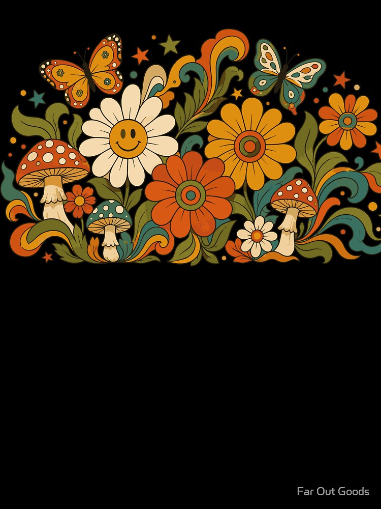 Retro 70s Boho Hippie Groovy Floral Mushroom & Butterfly Art by Far Out Goods