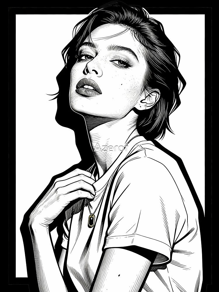 Aesthetic Black and White Girl Portrait Line Art by Azerof