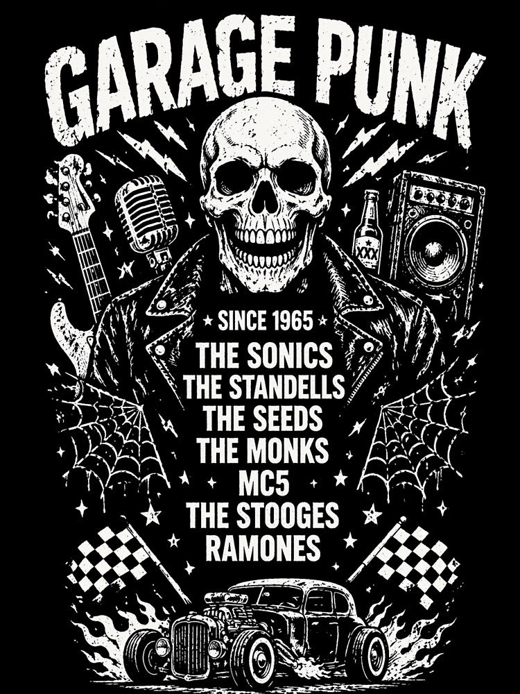 Garage Punk Since 1965 – Skull Leather Jacket Rock Band Distressed Vintage Punk Rock T-Shirt Design by Endthedisease