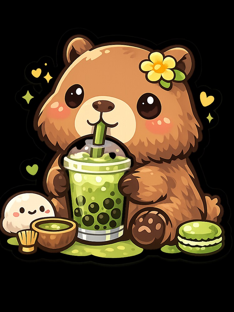 Cute Capybara Matcha Boba Sticker - Cozy Kawaii Animal Art by FluffiPopo