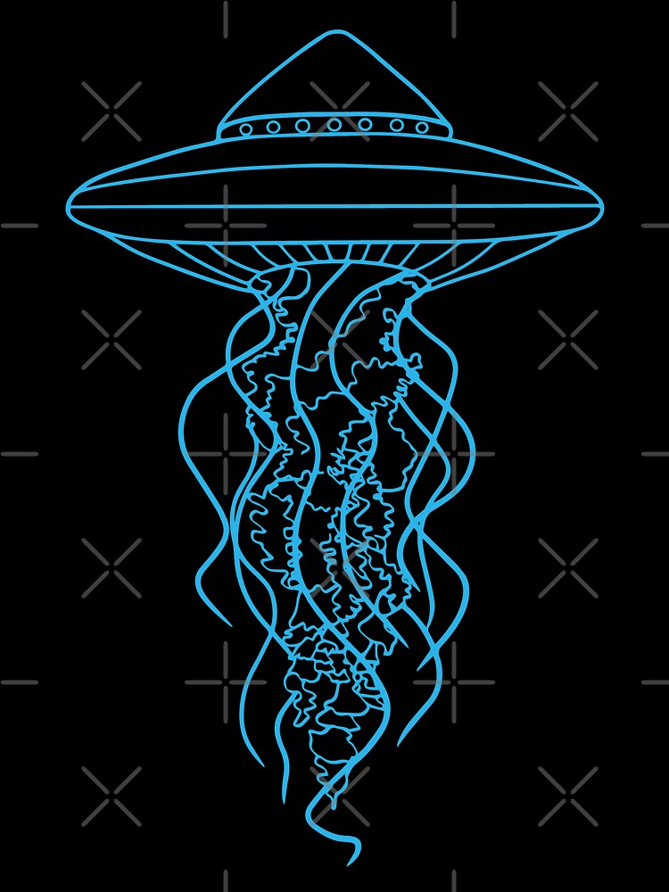 Blue Glow UFO Jellyfish Line Drawing on Black by Ciara Shortall