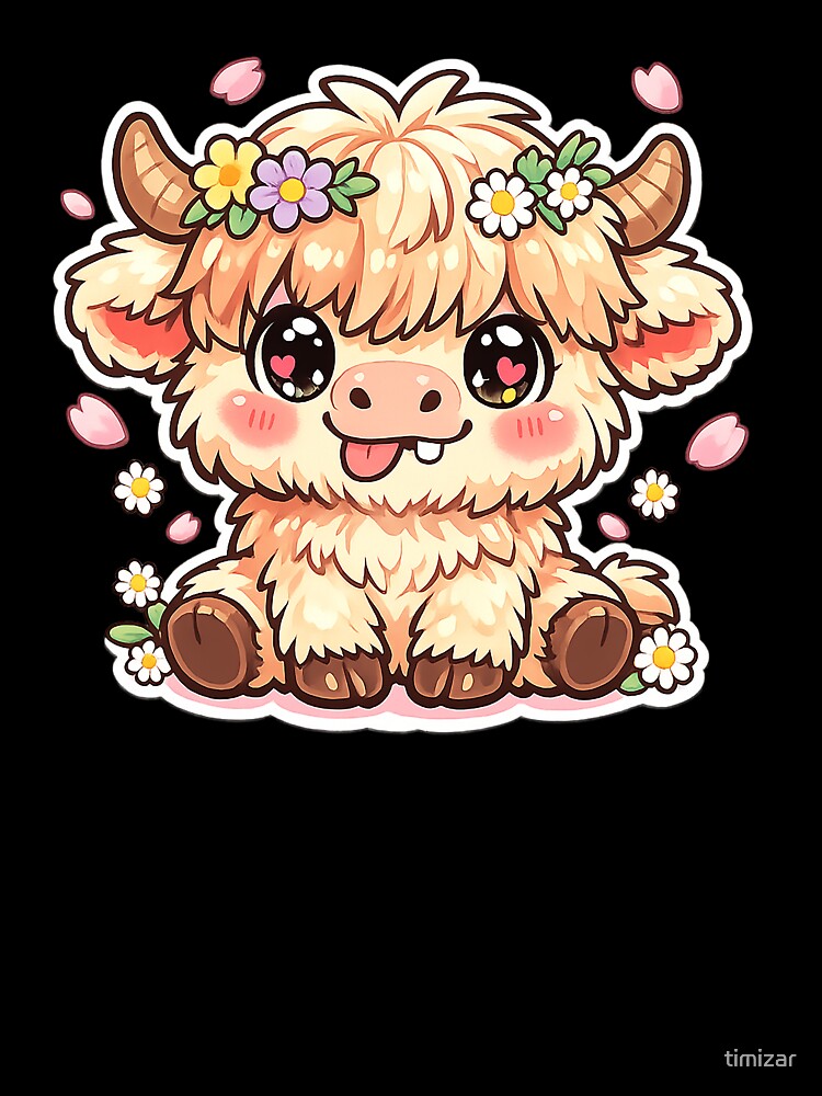 Kawaii Highland Cow with Flower Crown – Cute Fluffy Cow Cartoon by timizar