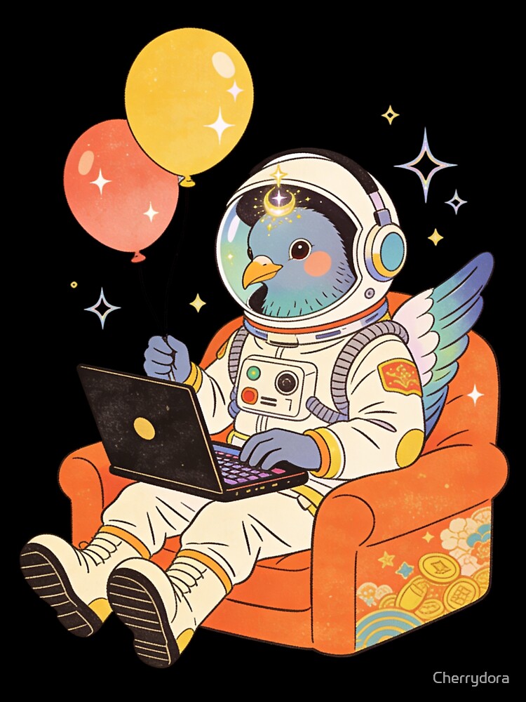 The Chill Astronaut Pigeon: Vintage Retro Spaceman Working on Laptop Aesthetic Art by Cherrydora