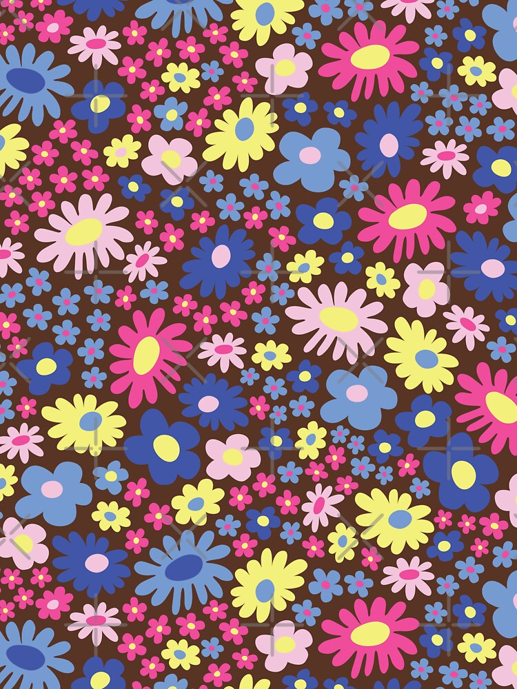 brown 60s retro flower power, purple, pink, blue, yellow, 60s groovy pattern, hippie flowers by blomastudios