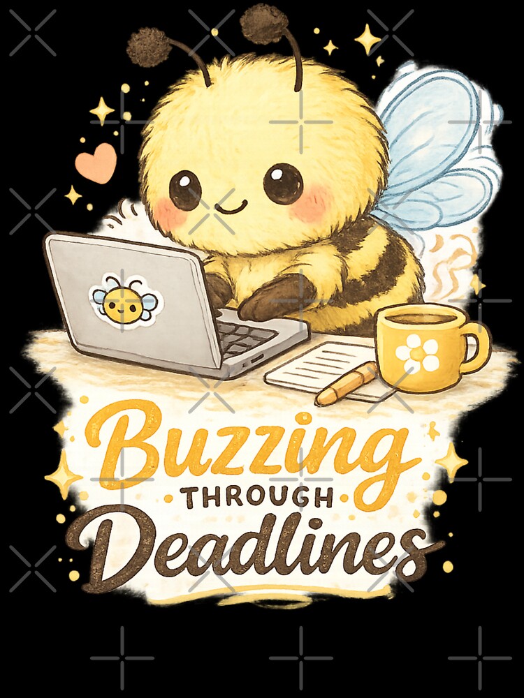 Cute Kawaii Bee Working From Home | Buzzing Through Deadlines Laptop Illustration by PopCulturePixel