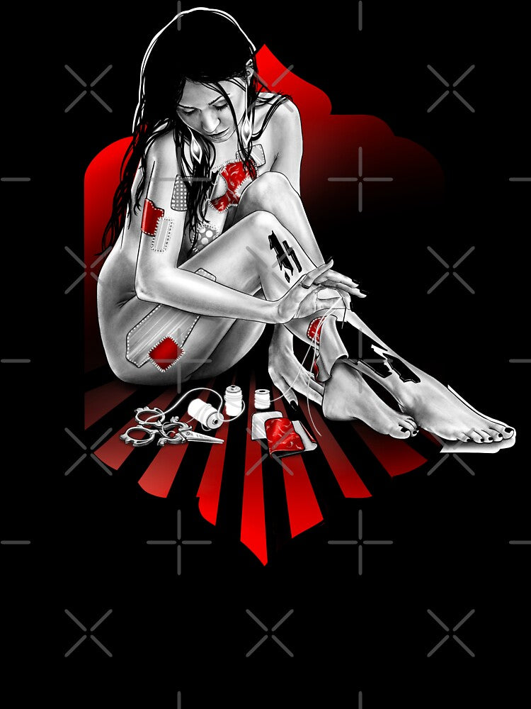 Patch by patch- a portrait (black and red illustration on white) by Anicatattoos