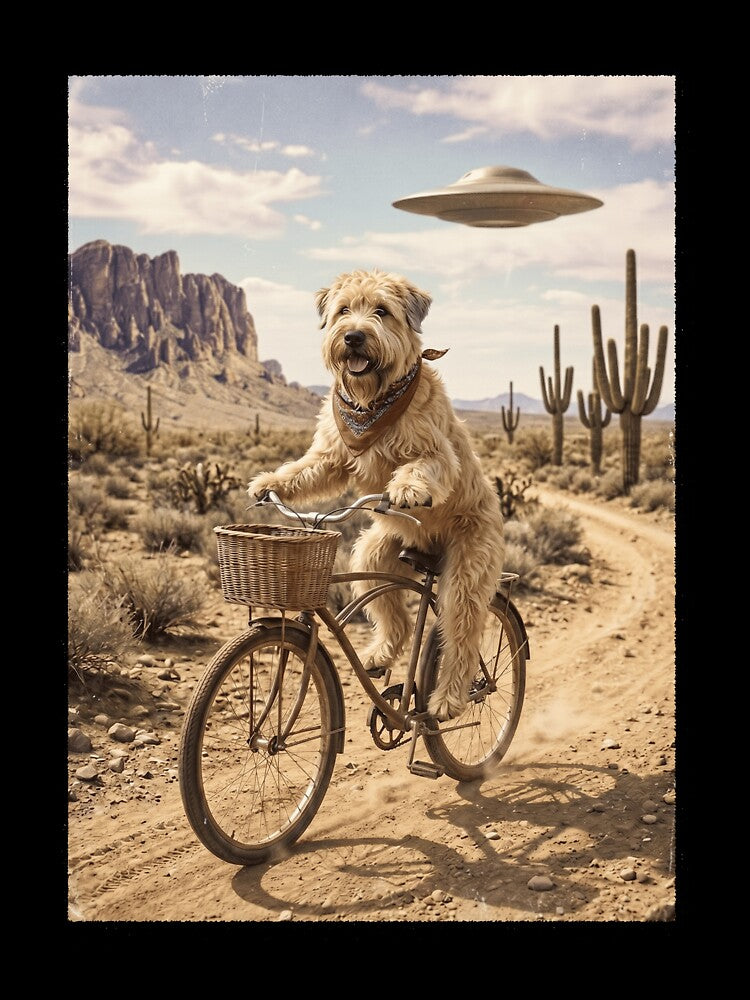 Soft Coated Wheaten Terrier Riding Bike Wild West Western UFO Dog Lover by dian-rody-crest