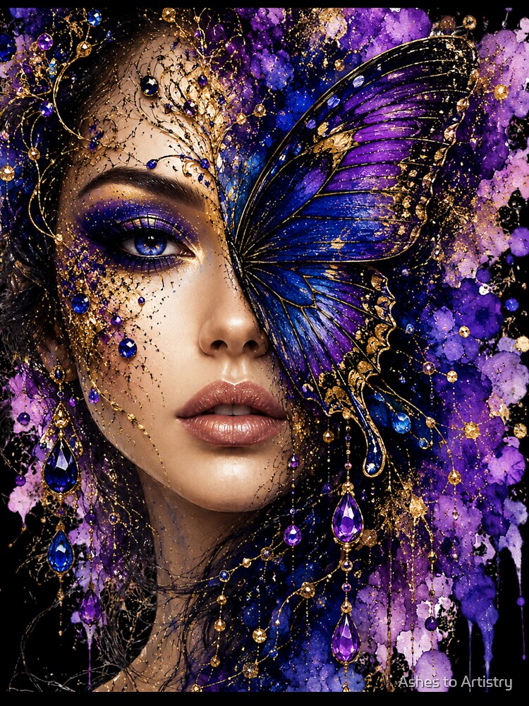 Mystical Butterfly Woman Art | Purple Fantasy Portrait | Boho Goddess Aesthetic Design by Ashes to Artistry