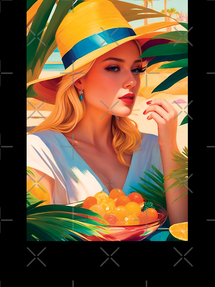 Beautiful Classy Woman In Hat On A Beach With Palm Trees Eating Hot Summer Fruits Stylish Painting by TriniTeeClub
