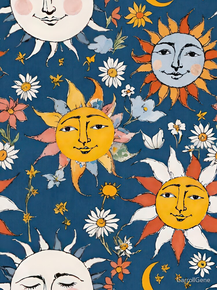Sun and Moon Floral on Blue by CarrollGene