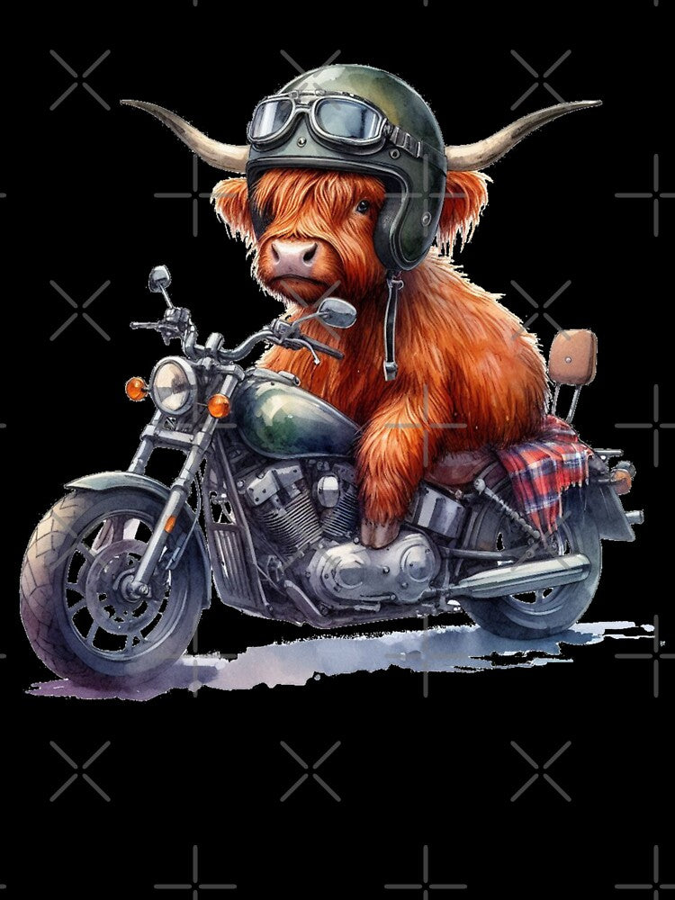 Cool Scottish Highland Cow on a Motorbike Colorful Watercolor by MaedK