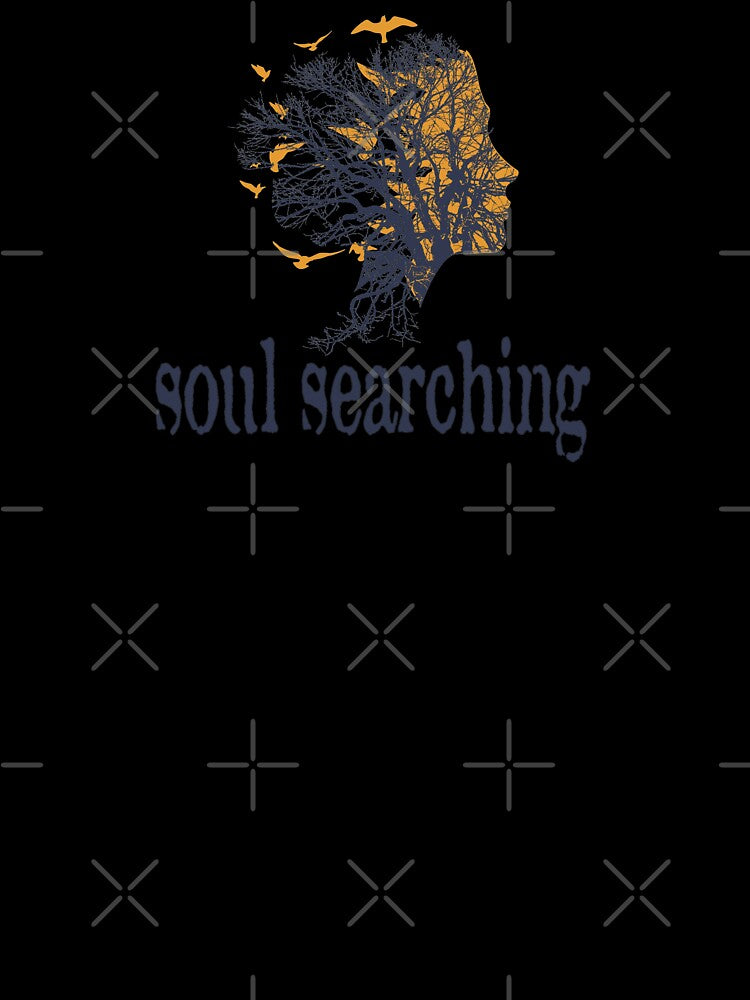 a full tree with branches and roots embedded like a vein into a woman's head in side view breaking into flying birds with soul searching text design by Bees-Honey-Gift