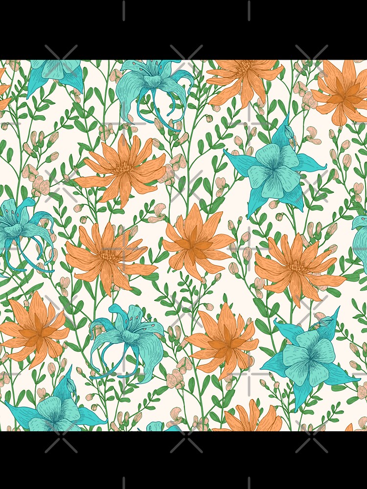 Vintage Meadow Flowers Pattern Orange and Turquoise by nouveaudecor