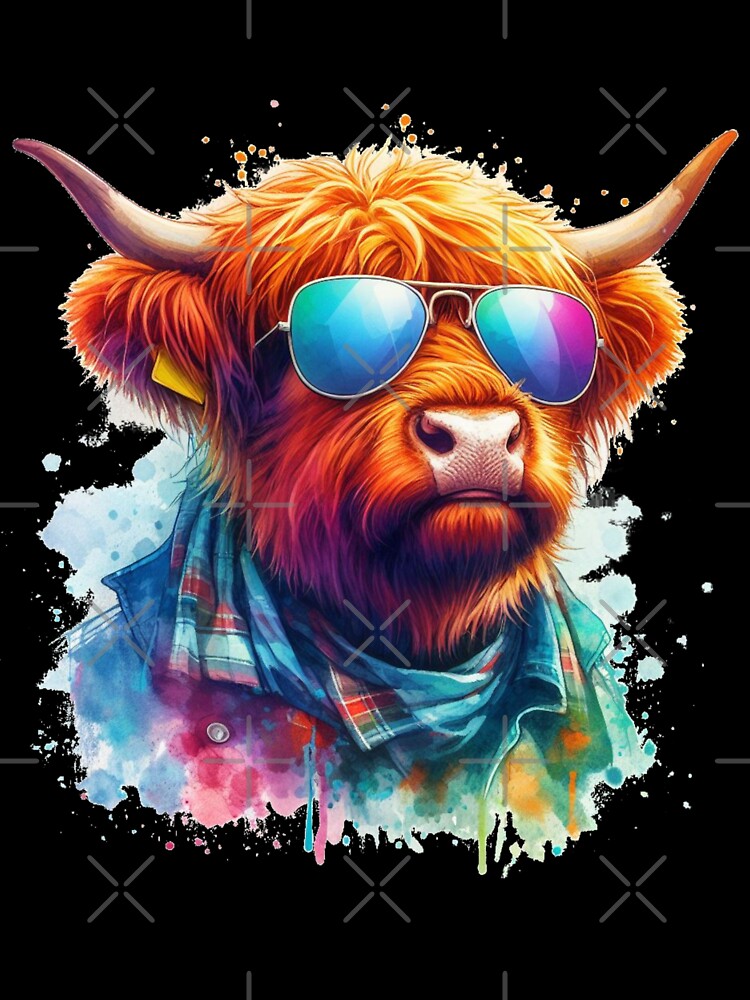 Cool Scottish Highland Cow in Shirt and Shades Colorful Watercolor by MaedK