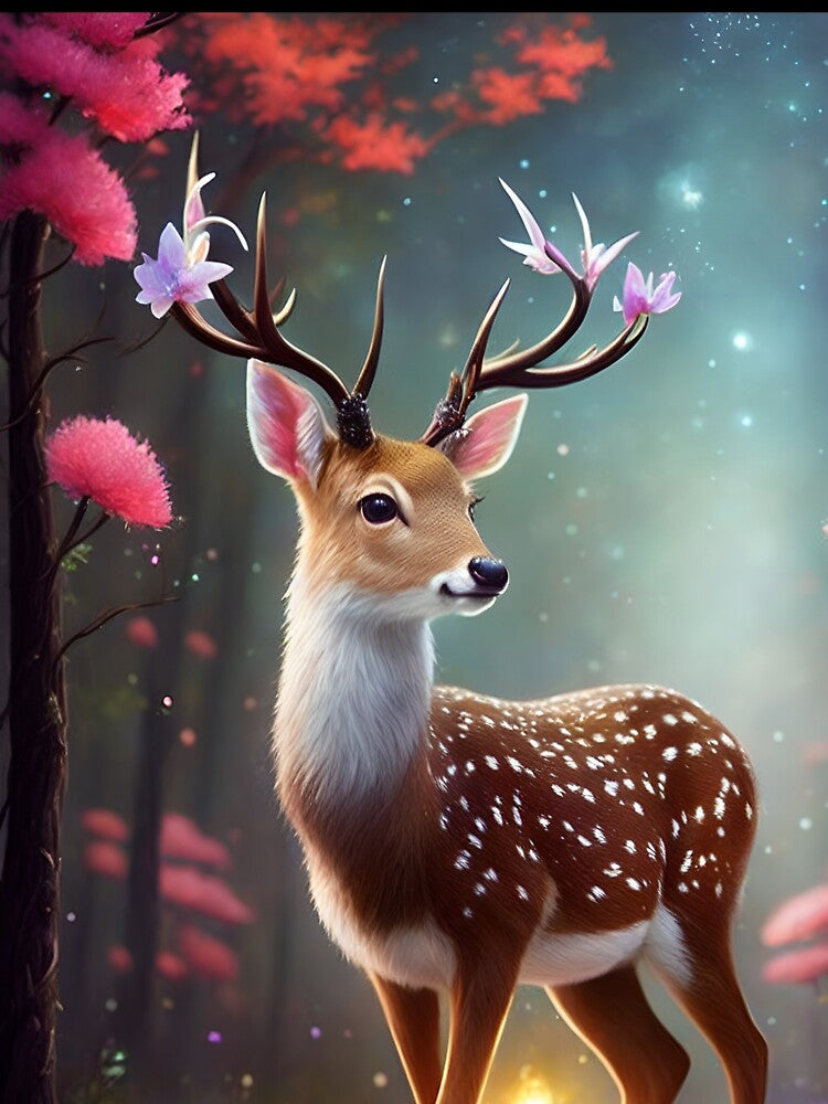Deer with flowers on its antlers flowers around him deer surrounded by flowers by Whimsy Bu