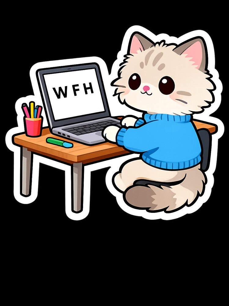 Kawaii Cat Working From Home Sticker – Cute WFH Laptop Kitty by ahfas86