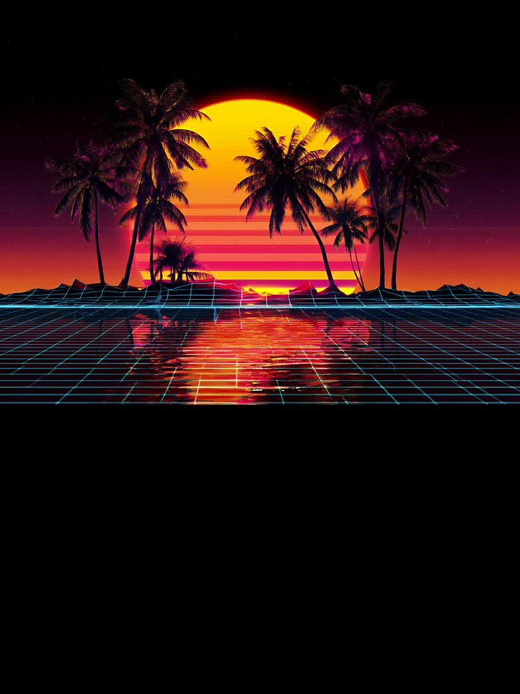 Magenta Neon Palm Trees Reflecting in Starry Retrowave Grid Sunset by EK-World