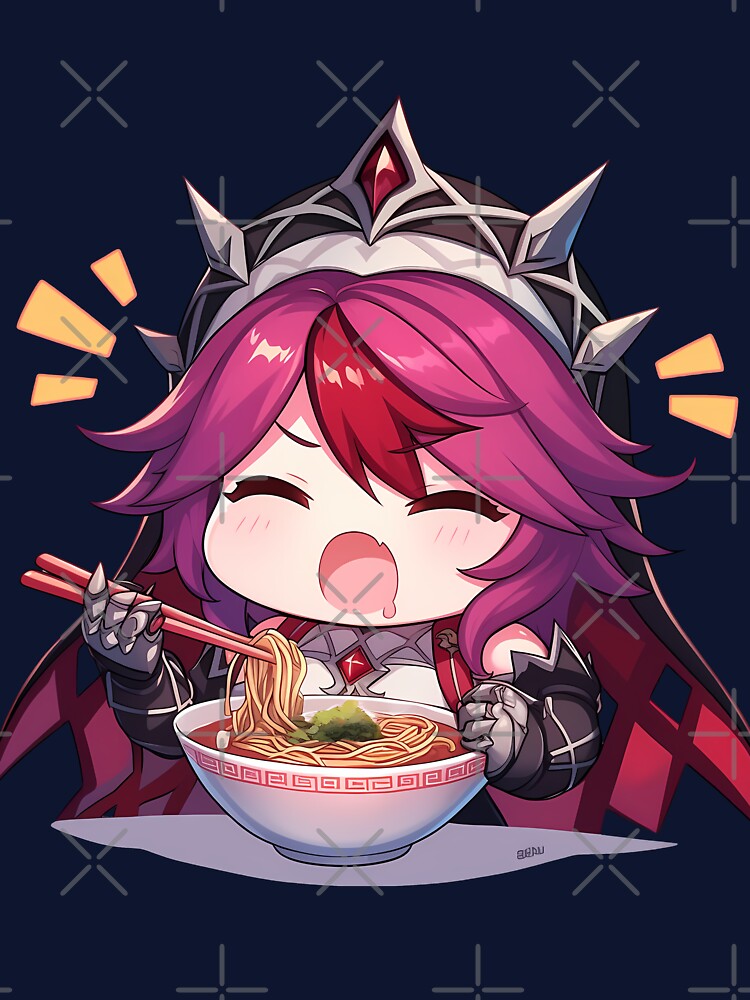 Game Rosaria Genshin Impact Chibi Girl Enjoying Spicy Ramen Anime by Raslbazola