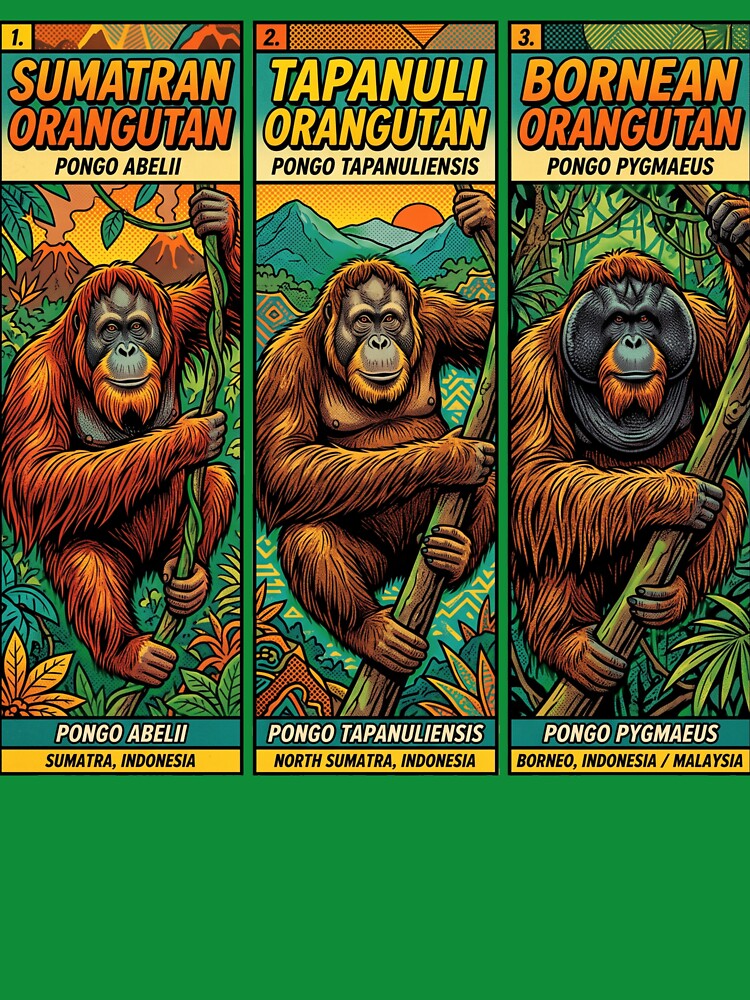 The Three Orangutan Species | Sumatran, Tapanuli & Bornean Orangutans | Wildlife Conservation Art by redsharkuk