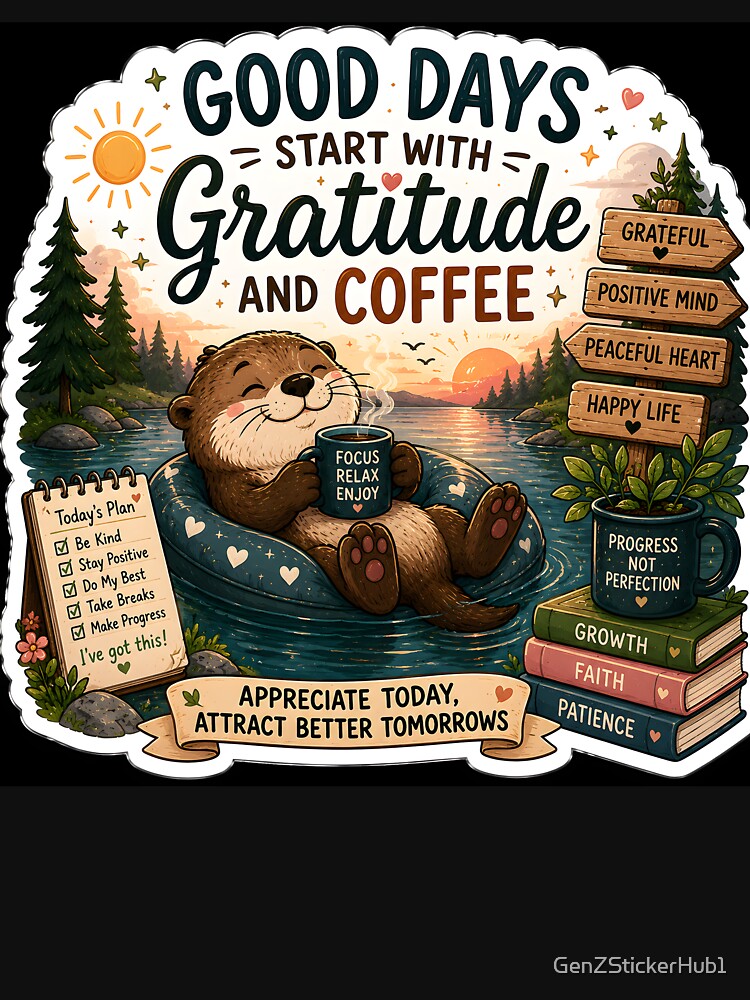 Good Days Start With Gratitude And Coffee Sticker | Cozy Coffee Lover Aesthetic | Morning Motivation by GenZStickerHub1