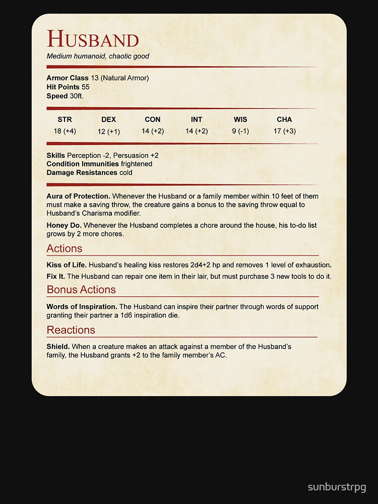 D&D Husband Stat Block for Valentine or Anniversary Gift by sunburstrpg