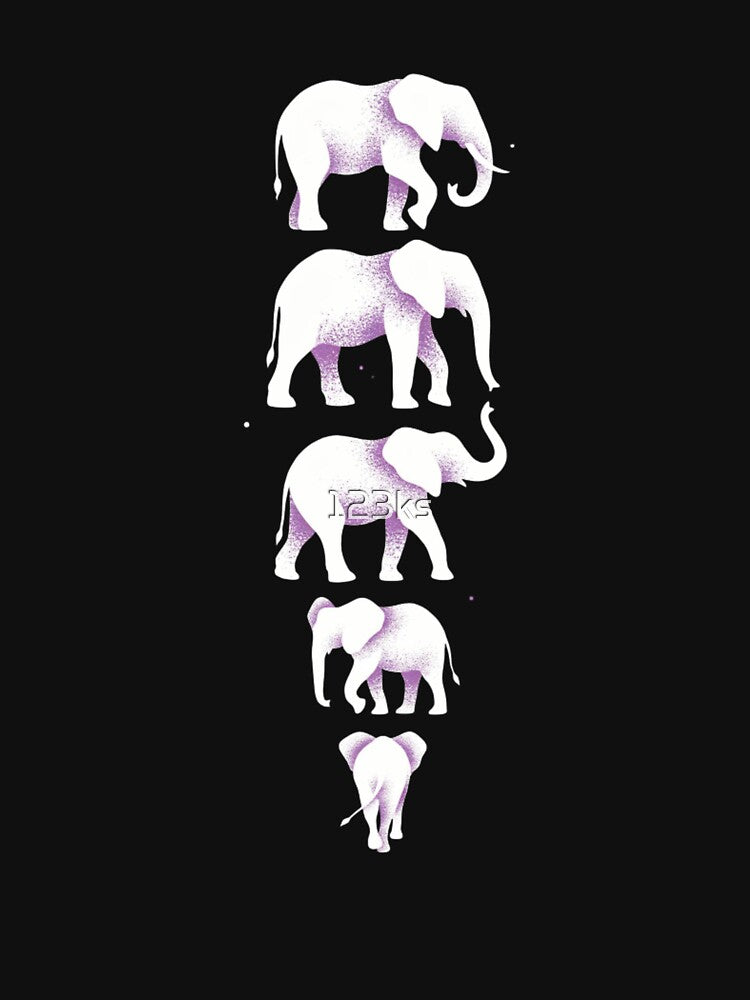 A Belkis Ayón-style illustration of five stylized elephant silhouettes by 123ks
