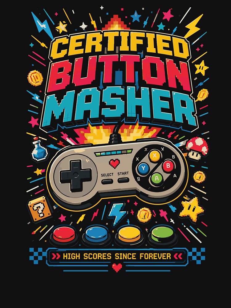 Certified Button Masher – Retro Arcade Gamer Graphic T-Shirt by JIMBOEE