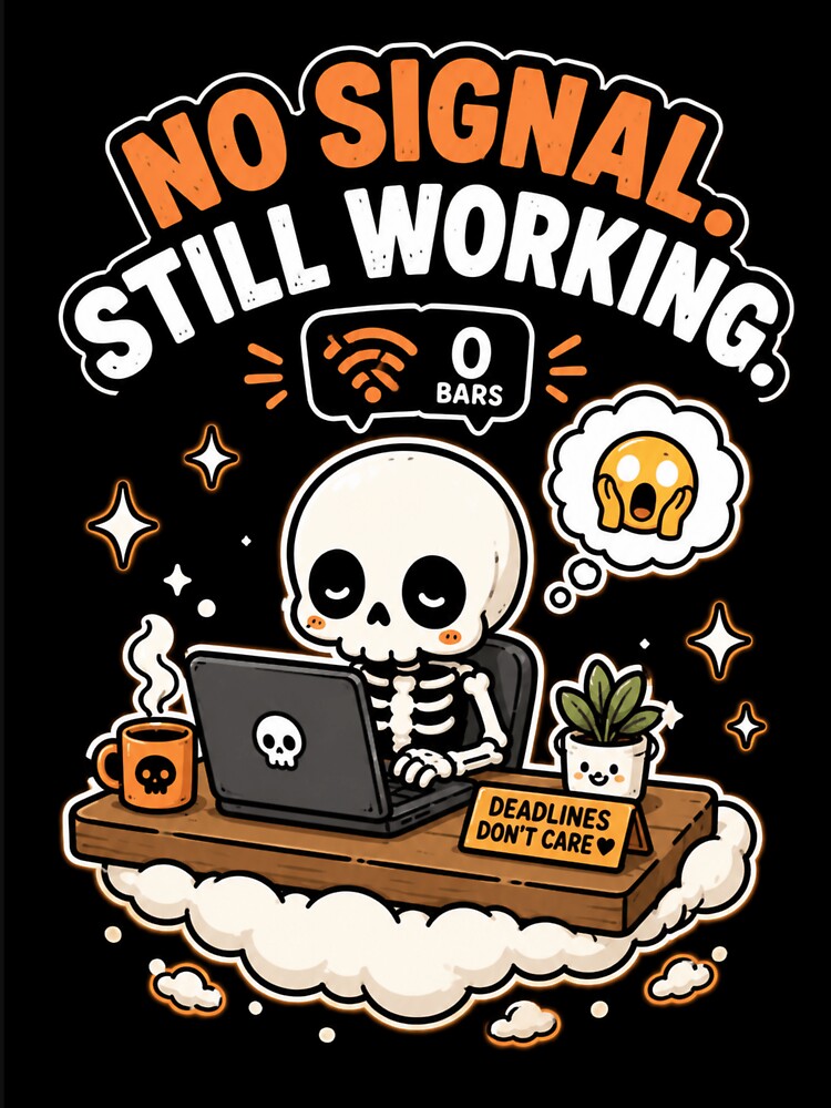Cute Skeleton No Signal Still Working Funny Work Shirt — Kawaii Burnout Wifi Humor Remote Worker Gift by MaynyStudio