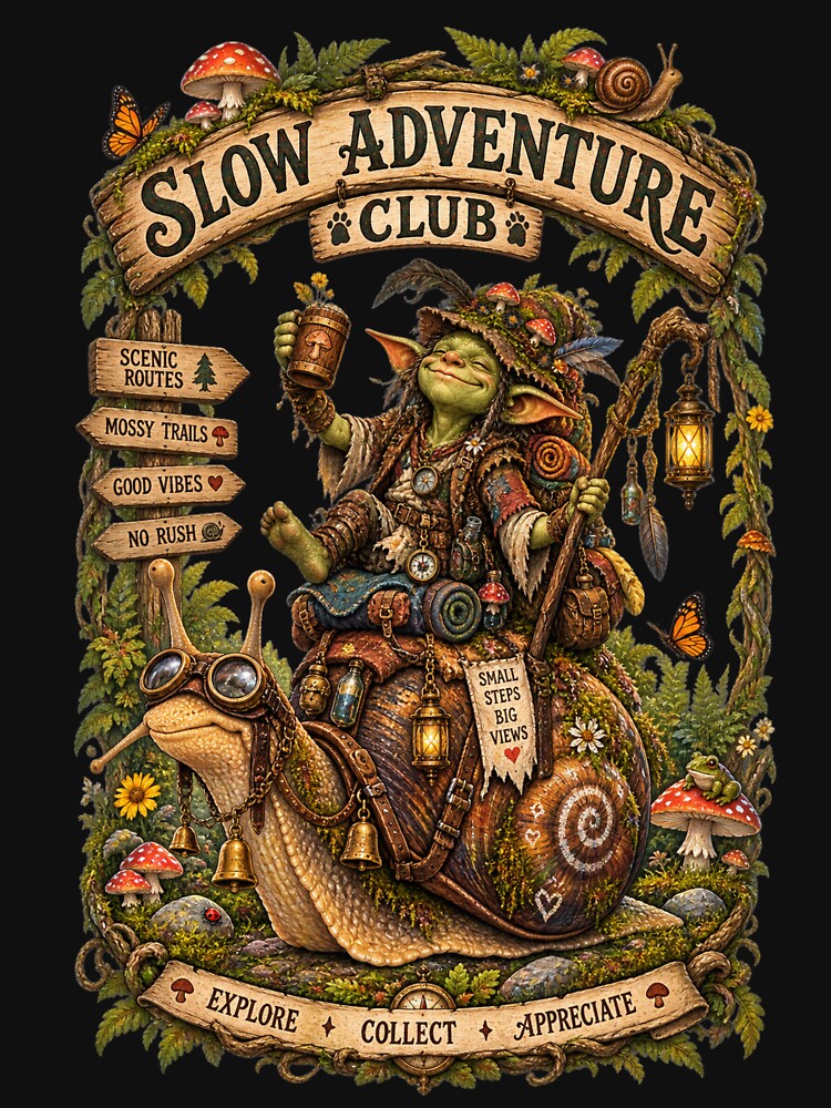 Slow Adventure Club T-Shirt Snail Road Trip Camping Graphic Tee by LintonGriffin