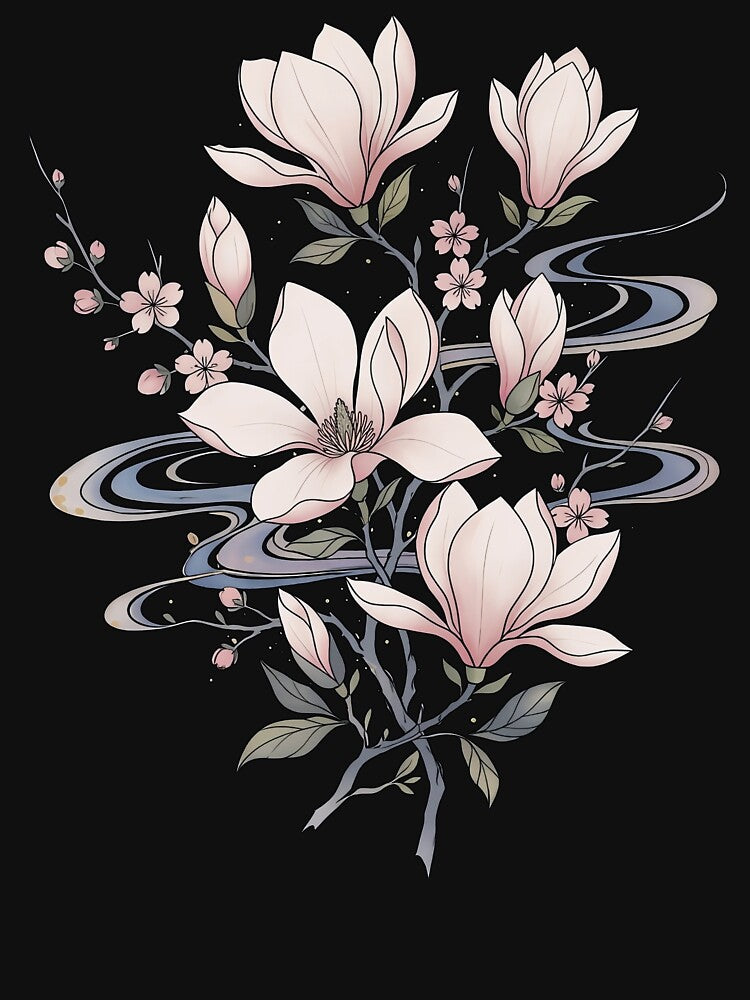 Japanese Magnolia and Sakura Blossom Zen Floral by LinaValearte