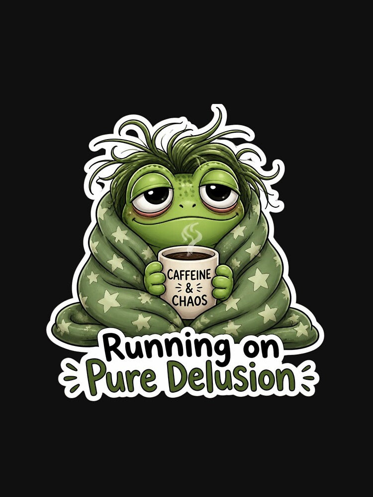 Running on Pure Delusion Funny Tired Frog Caffeine and Chaos Coffee T-Shirt by redblink store
