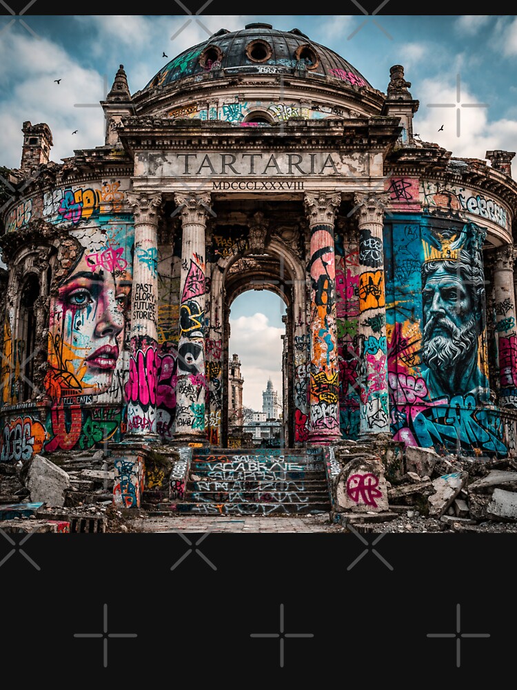 Ancient Tartaria Graffiti Art Print – Urban Street Art Ruins, Classical Architecture Meets Modern Graffiti Wall Decor by Emoji Emblems