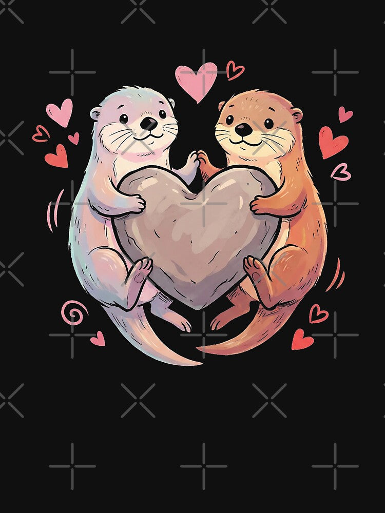 Adorable Sea Otters Couple Holding Heart Rock Art by zzz888