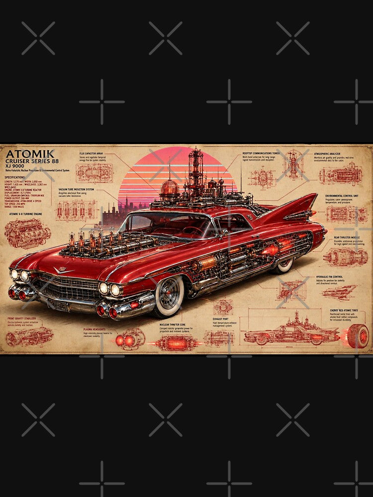 Atomic Cruiser Series 88 Blueprint | Retro Futuristic Cadillac | Atompunk Engineering Poster | Vintage Sci-Fi Car Wall Art by A-T-H