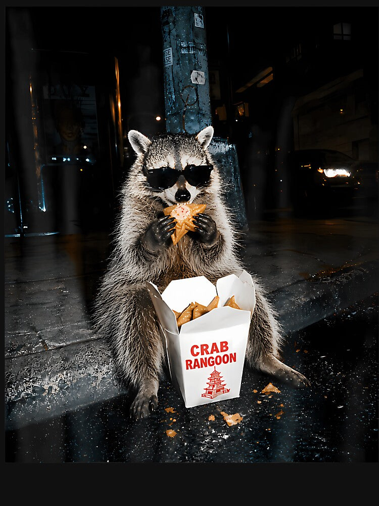 Funny Raccoon Eating Crab Rangoon On The Street Feral by Apparel-Vortex