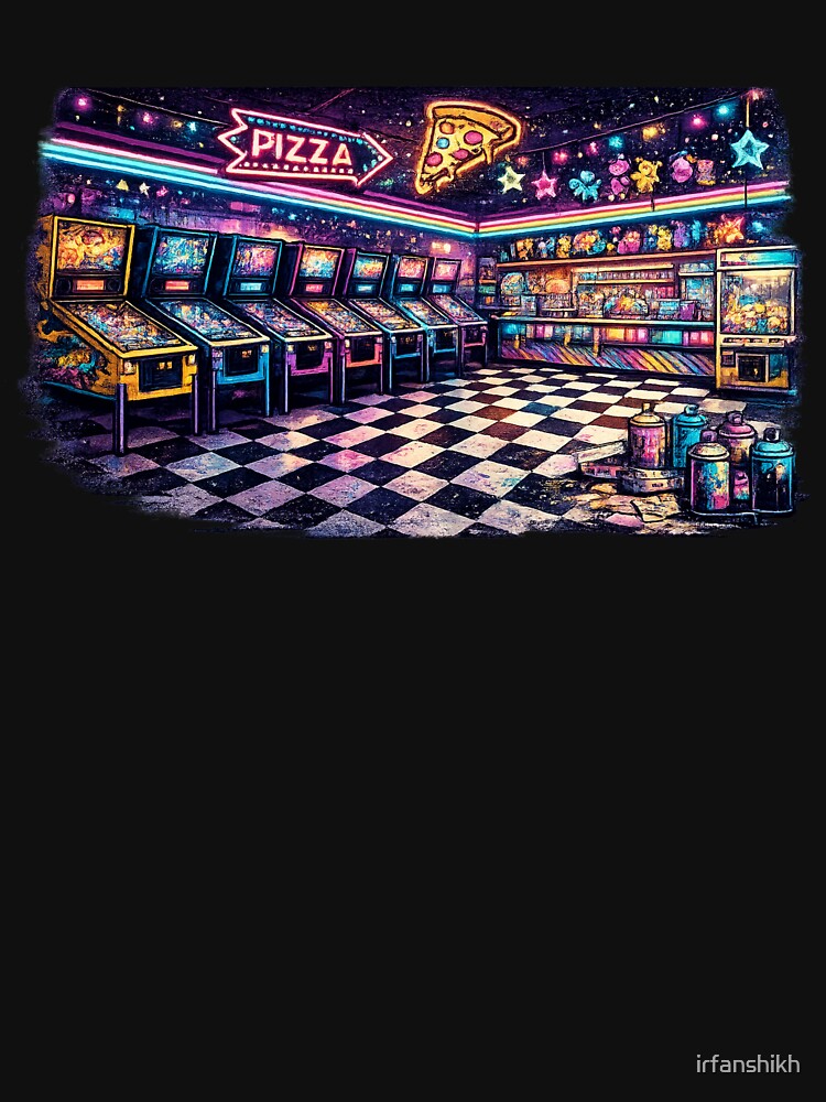 Neon Arcade Room Pinball Machines Pizza - Retro Arcade by irfanshikh