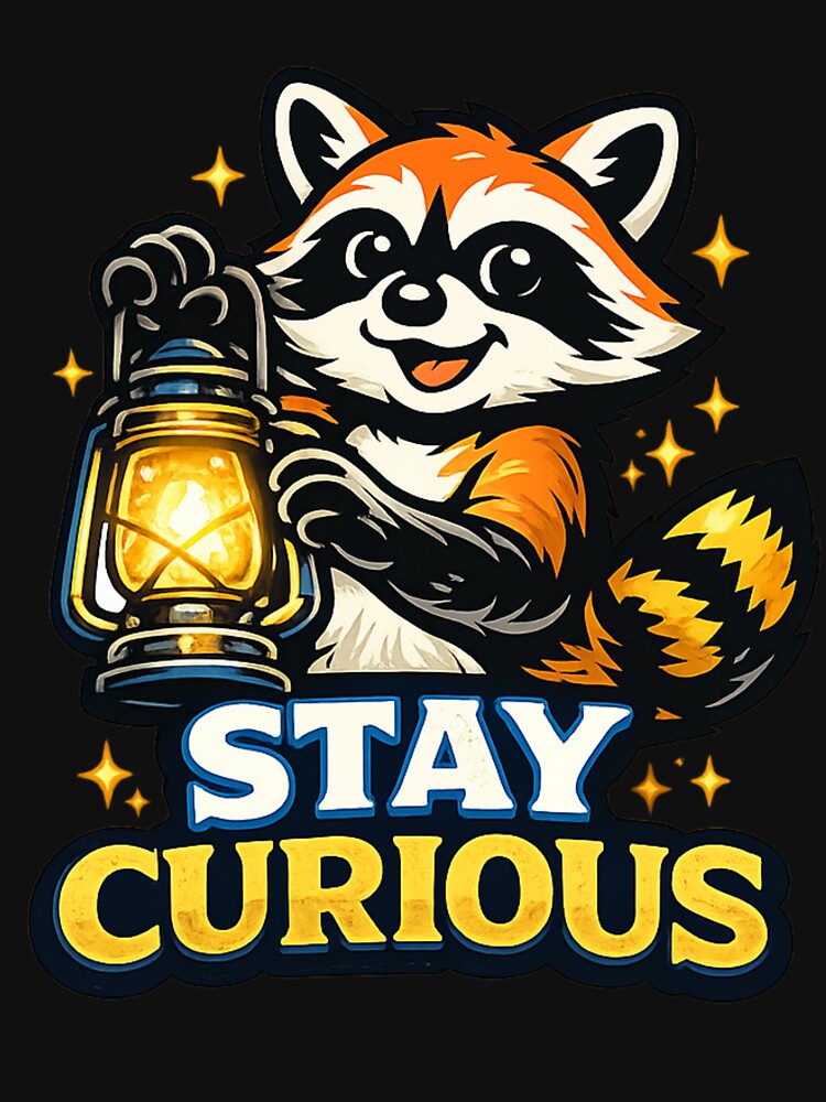 Stay Curious – Cute Raccoon Holding Lantern Cartoon Design Main Tag by ArtisticHeart21