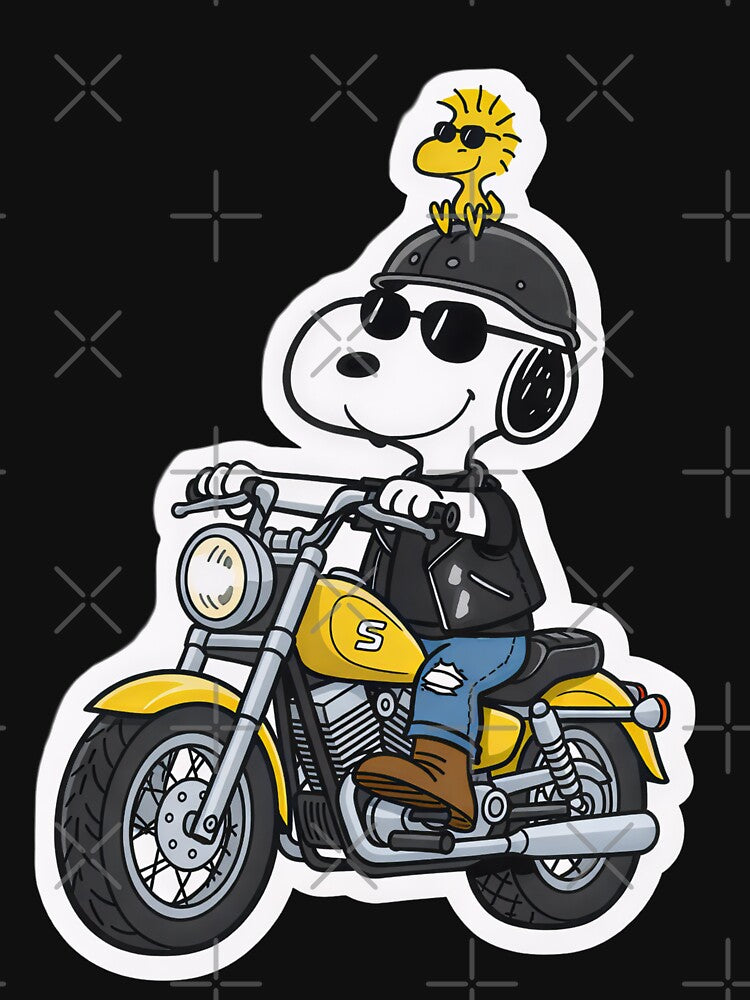 Snoopy Biker and Woodstock Motorcycle Rider Sticker by XM STOREZ