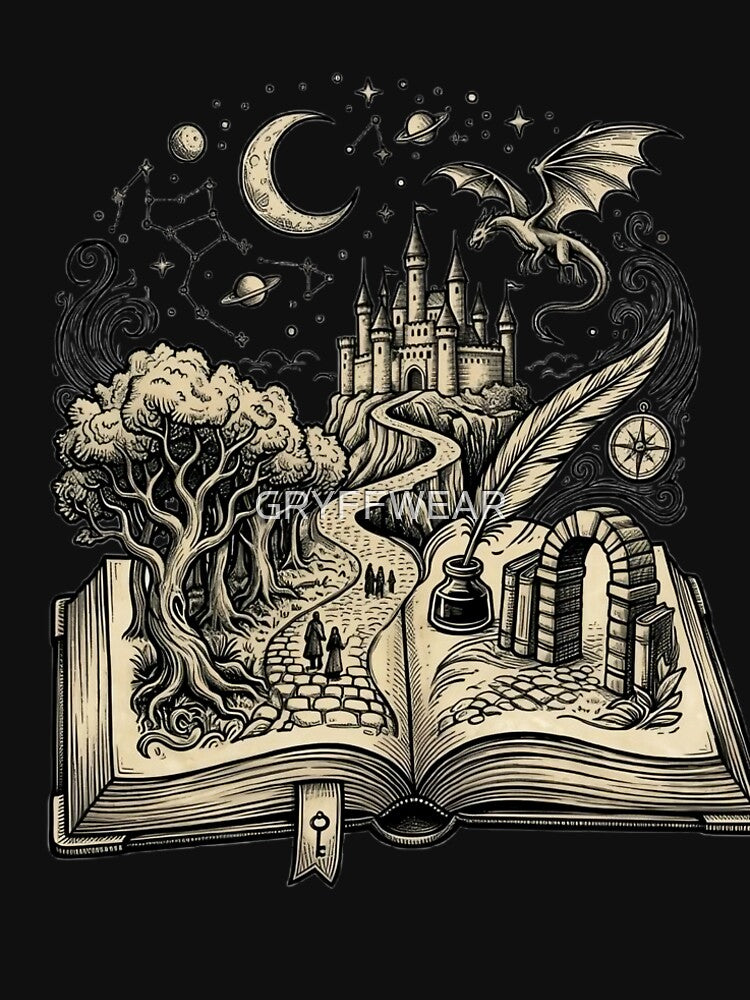 Fantasy Book World Illustration | Magical Storybook Castle and Dragon Art by GRYFFWEAR
