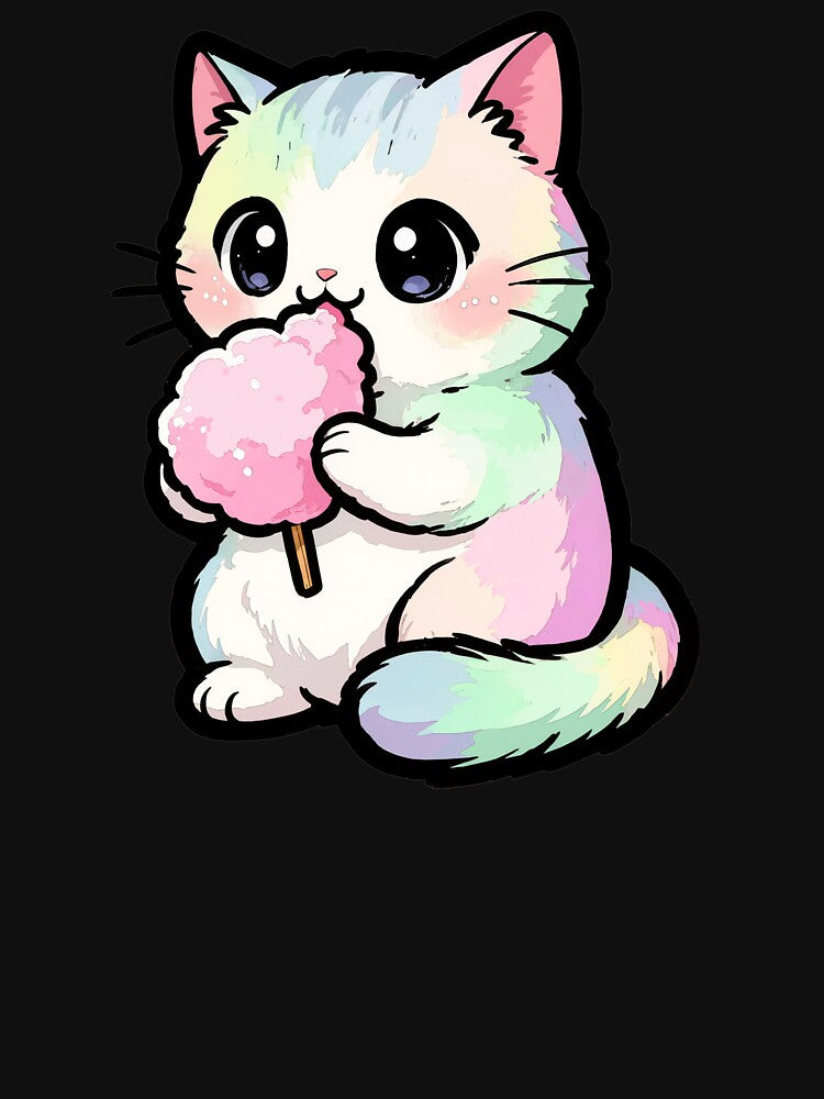 Kawaii Rainbow Cat Eating Cotton Candy Pastel Kitten T-Shirt by Nuttajak