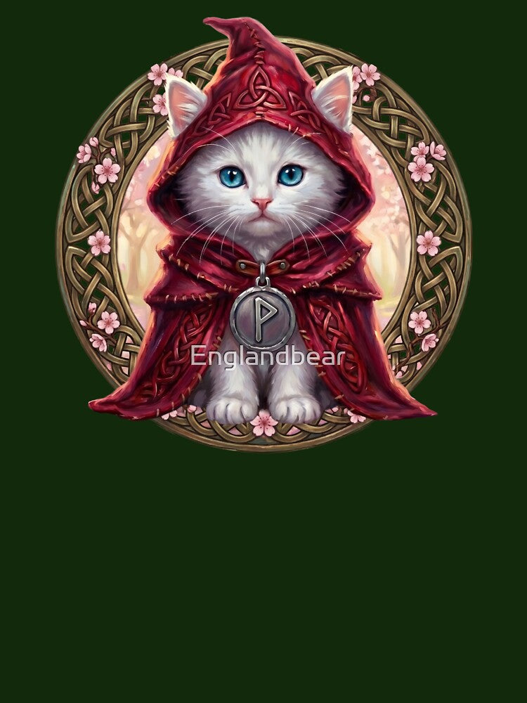 Vernal Light Herald - Celtic Folklore White Cat in Spring - Crimson Blossom Edition by Englandbear