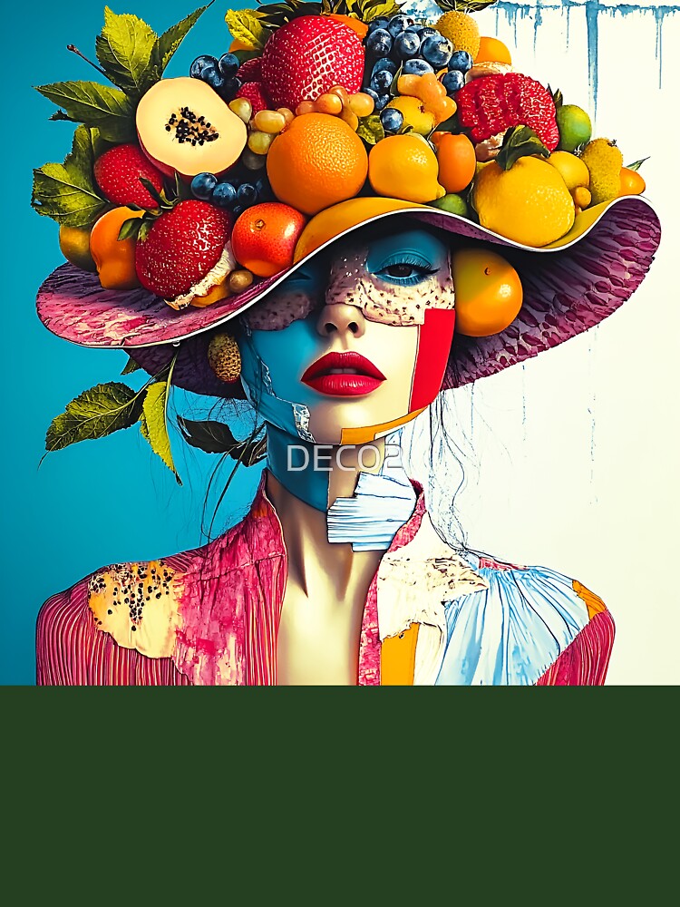 Whimsy Pop Art Female With Colorful Fruit Hat by DEC02