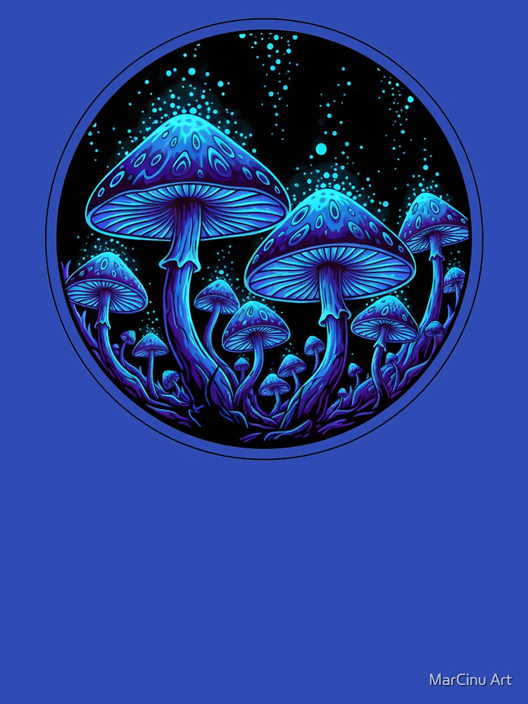 Psychedelic Neon Blue Magic Mushrooms Glowing Fantasy Fungi by MarCinu Art
