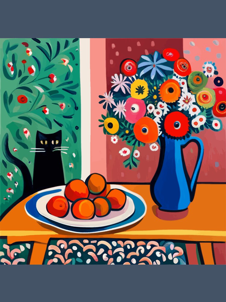 Still Life Painting with Black Cat and Flowers in Blue Vase by Vicky Brago-Mitchell®