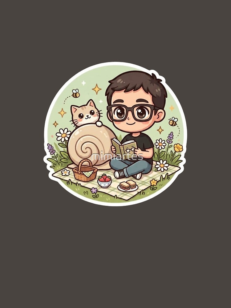 Boy Reading with Snail Cat Picnic Illustration by mimiartes