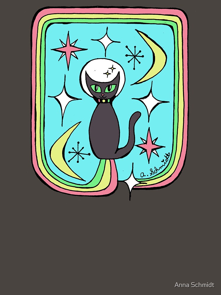 Mid Century Modern Atomic Style Black Cat Outer Space Rainbow Original Art Illustration by Intergalactic Unicorn: Art by Anna Schmidt